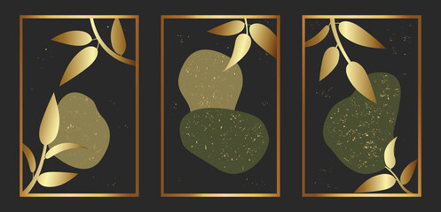 Abstract natural black golden background set with hand drawn leaves and shapes and gold texture. Modern contemporary art illustrations, banners, poster, print, templates