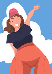 Wall Mural - Woman Character in Baseball Cap Standing Looking from Above Friendly Smiling and Waving Hand Vector Illustration