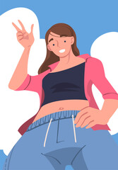 Sticker - Woman Character Standing Looking from Above Friendly Smiling and Showing V Sign Gesture Vector Illustration