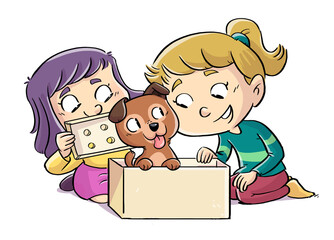 Wall Mural - Children's illustration of little girls opening a box with a dog inside