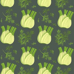 Seamless pattern with botanical set of fennel elements for printing on textile and packaging products. Medicinal plant. Vegetarian food. Cooking ingredient for culinary menu. Сartoon illustration