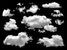 Fluffy White Clouds Elements Set, Isolated On Black Background.