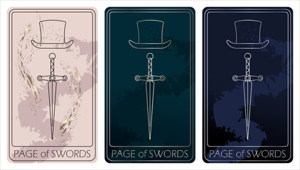 Page of Swords. A card of Minor arcana one line drawing tarot cards. Tarot deck. Vector linear hand drawn illustration with occult, mystical and esoteric symbols. 3 colors. Proposional to 2,75x4,75 in