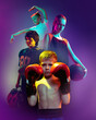 © master1305 - Poster with little sportsmen, motivated kids, basketball and football players, boxer over purple smoky background. Sport, team, competition, ad concept