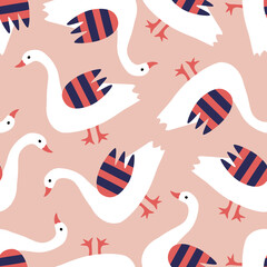 Wall Mural - Funny white geese hand drawn vector illustration. Cute goose bird in flat style seamless pattern for kids fabric or wallpaper.