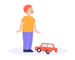 © SurfupVector - Upset boy crying over broken car toy flat vector illustration. Sad child standing and weeping. Emotion, weep, expression, disappointment, feeling, frustration concept