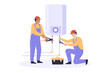 Workers repairing water heater flat vector illustration. Plumbers in overalls fixing tankless water supply or boiler in bathroom. Repair service, occupation, maintenance concept