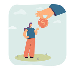 Poster - Huge hand giving gold coin to girl flat vector illustration. Money, finance, cashback, savings, currency, income concept for banner, website design or landing web page