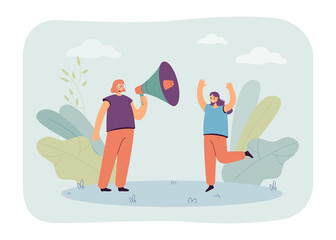 Aufkleber - Woman talking to girl over loudspeaker flat vector illustration. Advertising, education, announcement, attention concept for banner, website design or landing web page
