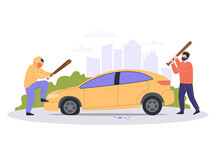 Young Vandals In Masks Destroying Car Flat Vector Illustration. Two Men, Hooligans Or Robbers In Hoodies Beating Auto With Club. Vandalism, Damage, Criminal, Destruction, Aggression Concept