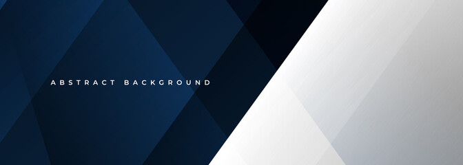 Blue and white modern abstract wide banner with geometric shapes. Dark blue and white abstract background. Vector illustration
