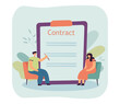 Man and woman sitting next to huge clipboard with contract. Couple or partners signing agreement, document flat vector illustration. Partnership concept for banner, website design or landing web page