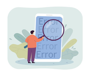 Poster - Man looking at phone screen with error flat vector illustration. Virus, problem, warning, threat, cyberspace, phishing concept for banner, website design or landing web page