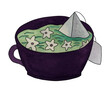 A purple cup with green tea and jasmine flowers, and a triangular tea bag. Watercolor hand drawn illustration on a white background
