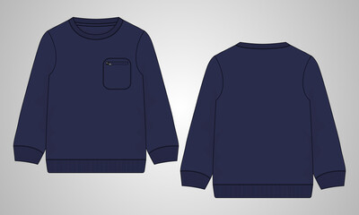 Long sleeve with pocket sweatshirt overall technical fashion flat sketch vector illustration Navy Color template front, back views. Fleece cotton jersey Apparel clothing 