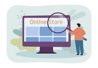 Poster - Online store app on computer screen flat vector illustration. Tiny man looking at screen through magnifier. Ecommerce, online shopping, market concept for banner, website design or landing web page