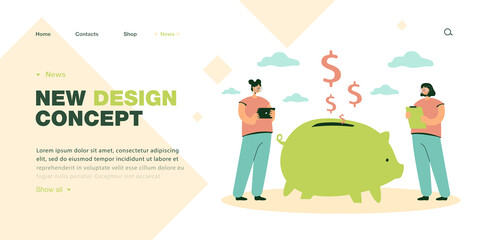 Poster - Tiny female characters holding tablet and clipboard in front of piggy bank. Women balancing budget flat vector illustration. Savings concept for banner, website design or landing web page