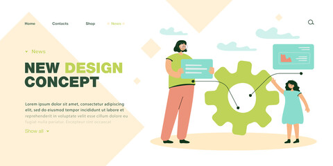 Aufkleber - Mother and daughter working as one mechanism. Woman and little girl with big cogwheel flat vector illustration. Family business, development concept for banner, website design or landing web page