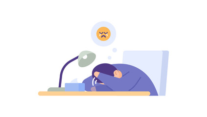 upset, heartbroken, overthinking, sad, sorry. sad boy. a man crying at the table. people's expressions and emotions. flat cartoon illustration. concept design