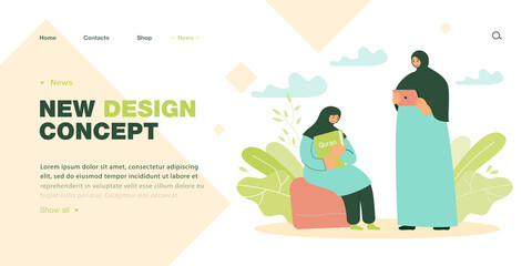 Aufkleber - Two Muslim smiling women with tablet and Quran. Female characters reading Quran using tablet and book flat vector illustration. Modern technology concept for banner, website design or landing web page