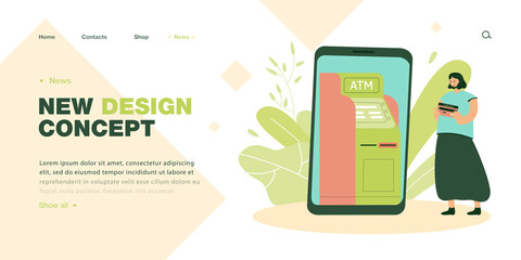 Poster - Tiny girl with credit card near smartphone with ATM machine on it. Woman paying via electronic device flat vector illustration. Online payment concept for banner, website design or landing web page