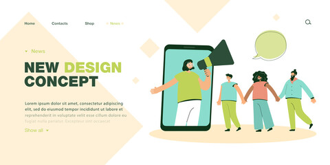 Poster - Tiny people holding hands looking at smartphone with woman and megaphone. Online marketing flat vector illustration. Digital advertising concept for banner, website design or landing web page