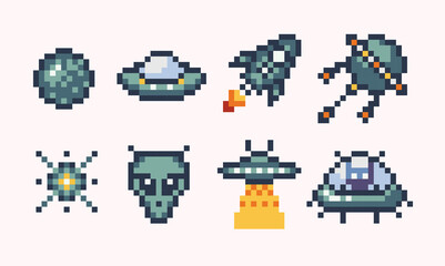 Wall Mural - ufo, spaceship, spacecraft pixel art set. alien ships, rocket collection. technology extraterrestria
