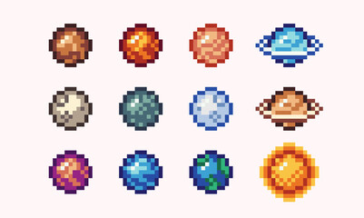 Wall Mural - planets of solar system pixel art icon set. astronomical observatory logo collection. 8-bit sprite. 