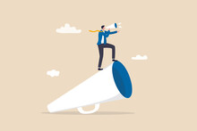 Leader Communication, Executive Management Skill To Communicate With Employee, Send Important Message Or Announcement Concept, Businessman Leader Standing On Big Megaphone Giving Speech To Public.