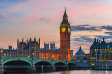 Sunset Of The Thames River, Big Ben, Westminster Bridge In London.