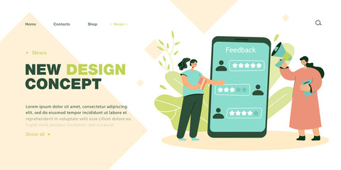 Poster - Tiny women standing near smartphone with feedback app. Female characters browsing reviews online flat vector illustration. Assessment service concept for banner, website design or landing web page