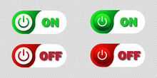 On And Off Toggle Switch Buttons On A Transparent Background.. Colored Buttons With Lettering And Shadows. Flat Vector Illustration.