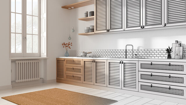 Architect interior designer concept: hand-drawn draft unfinished project that becomes real, wooden kitchen in white tones. Cabinets with shutters, rattan drawers, sink and gas hob
