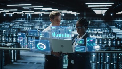 Fototapete - Technical Engineer and Project Administrator Using Computer in Modern Data Center Server Room Facility. Augmented Reality Productivity and Corporate Business Data Icons Appear From Worker's Laptop.
