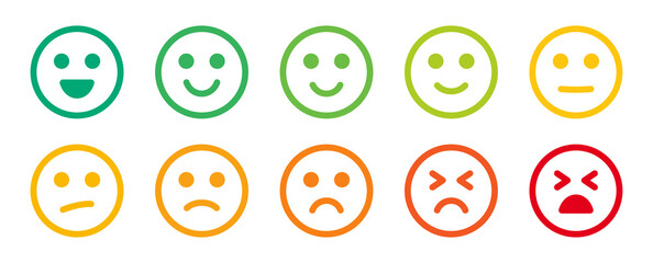 Poster - Smiley emoticon outline vector icon set. Emotion from happy to sad face expression illustration.