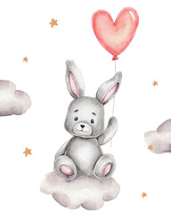 Cute bunny with heart balloon sits on cloud; watercolor hand drawn ilustration; with white isolated background