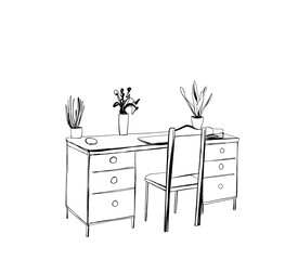 Table with a computer or workplace drawn by hand doodle style. Vector illustration.