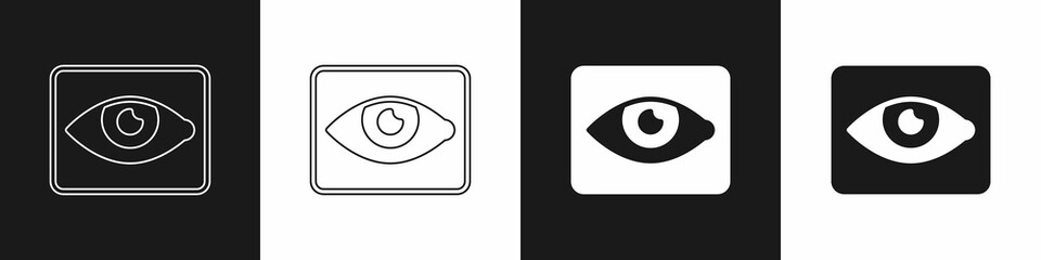 Sticker - Set Red eye effect icon isolated on black and white background. Eye redness sign. Inflammatory disease of eyes. Vector