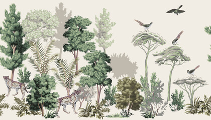 forest vintage botanical landscape, leopard, bird, trees, bush floral seamless border. nature mural.