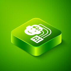 Canvas Print - Isometric Humanoid robot icon isolated on green background. Artificial intelligence, machine learning, cloud computing. Green square button. Vector