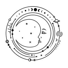 Wall Mural - crescent moons with face n space. mystic celestial vector illustration symbol of magic and alchemy. 