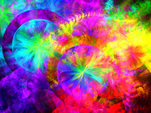 Composición De Arte Imaginario Digital Consistente En Círculos Y Manchas Fluorescentes Formando Un Todo Que Aparenta Ser La Invasión De Esferas Radioactivas Coloridas.