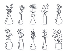 Vase With Flowers Line Icons. Vector Set Editable Stroke. Glass Flowerpots And Vases Interior Design Elements. Florist Garden Symbol. Stock Illustration Isolated On White Background