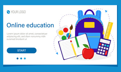 Online education web banner design. Backpack, paints, books, calculator and other school supplies. Vector illustration