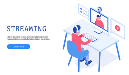 Poster - Concept of video blogging. Man sitting in front of computer and streaming online. Web banner. Vector illustration..