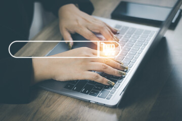 Wall Mural - The concept of using technology to search engine optimizationfor information business woman using laptop to find online shopping information and other information for use in marketing