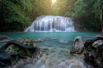 Aufkleber - Beautiful Erawan waterfall in deep forest at Kanchanaburi province, Thailand.