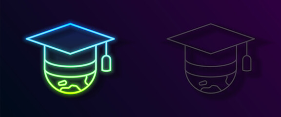 Glowing neon line Graduation cap on globe icon isolated on black background. World education symbol. Online learning or e-learning concept. Vector