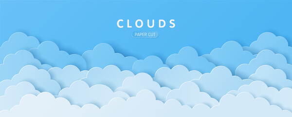 Wall Mural - Paper craft art style of clouds on blue sky background with copy space for your text. Vector illustration
