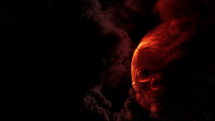 Wall Mural - Burning red skull with fire bg with free space - war concept - abstract 3D rendering